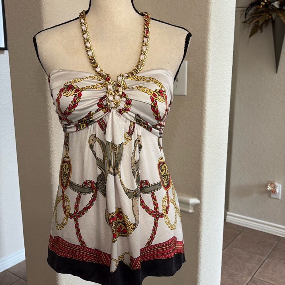Cache’ red, white & blue silk satin chain print halter top Size M